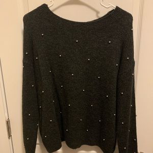 Pearl Studded Dark Grey Crew Neck Sweater